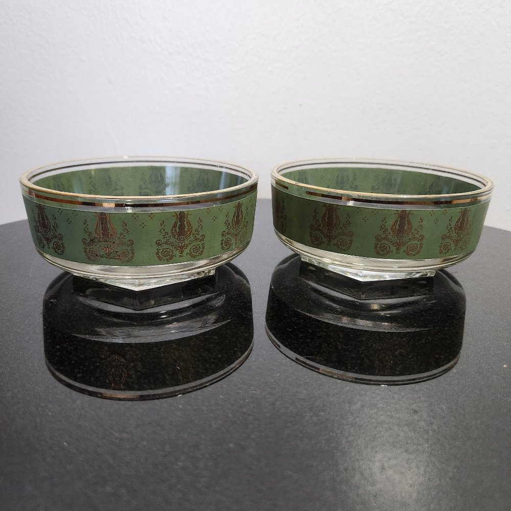 Vintage Culver (?) Dip Bowls, Green, Gold Trim, Harps, 1 Pair